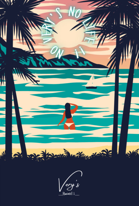 海の中から夕日を眺める若い女性